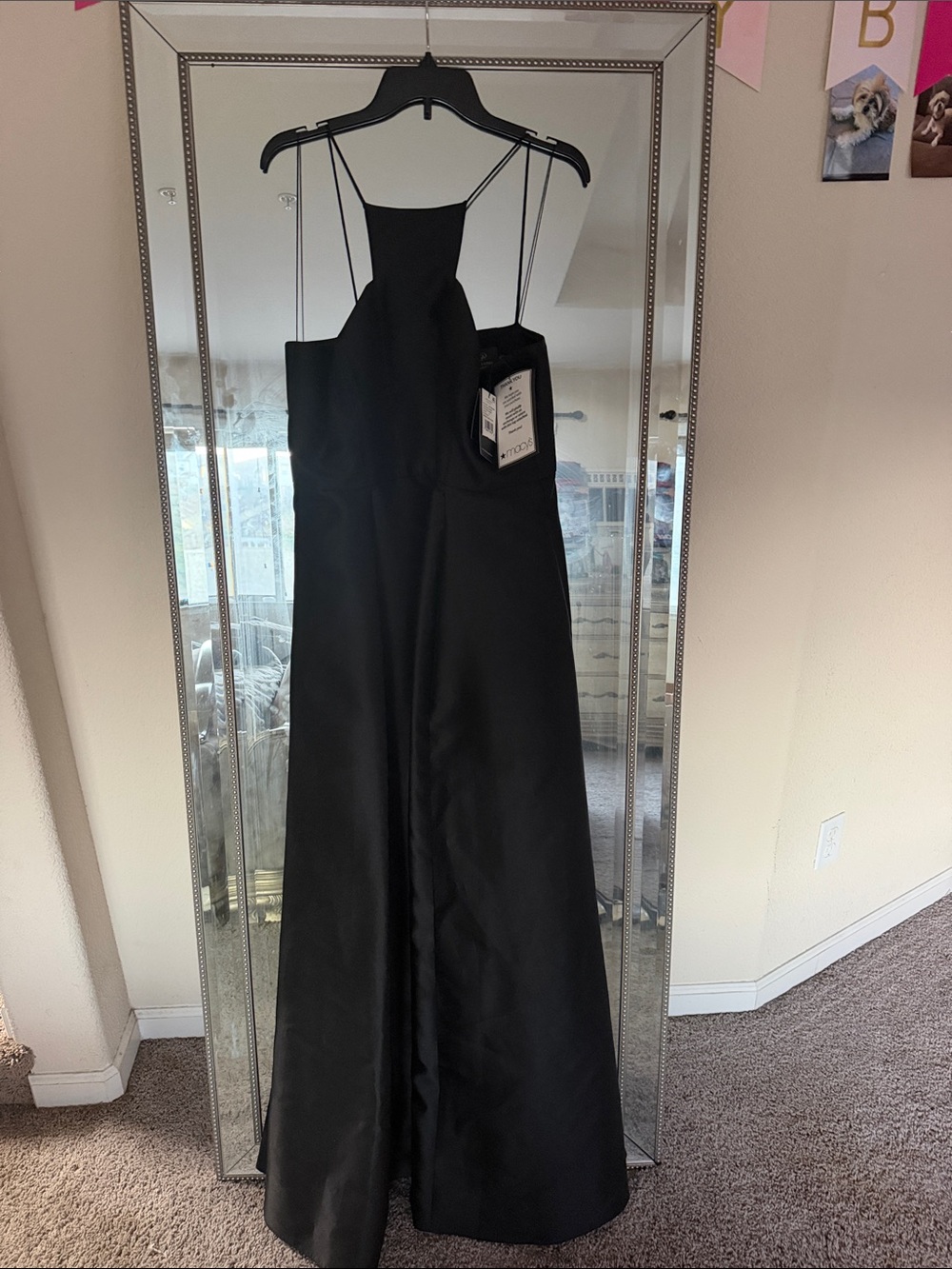 Adrianna Papell Black Satin Spaghetti-Strap Gown